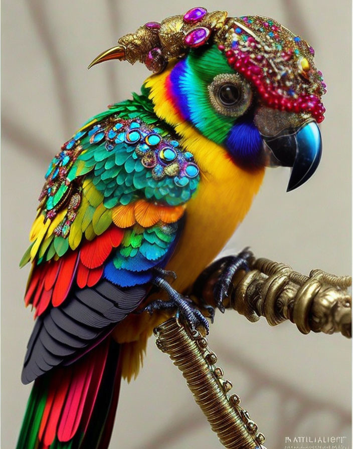 Colorful feathered bird with jewels perched on metallic structure