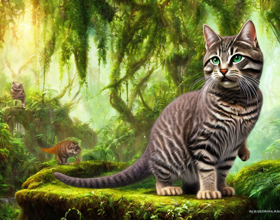 Hyper-realistic digital artwork featuring cats in lush green forest