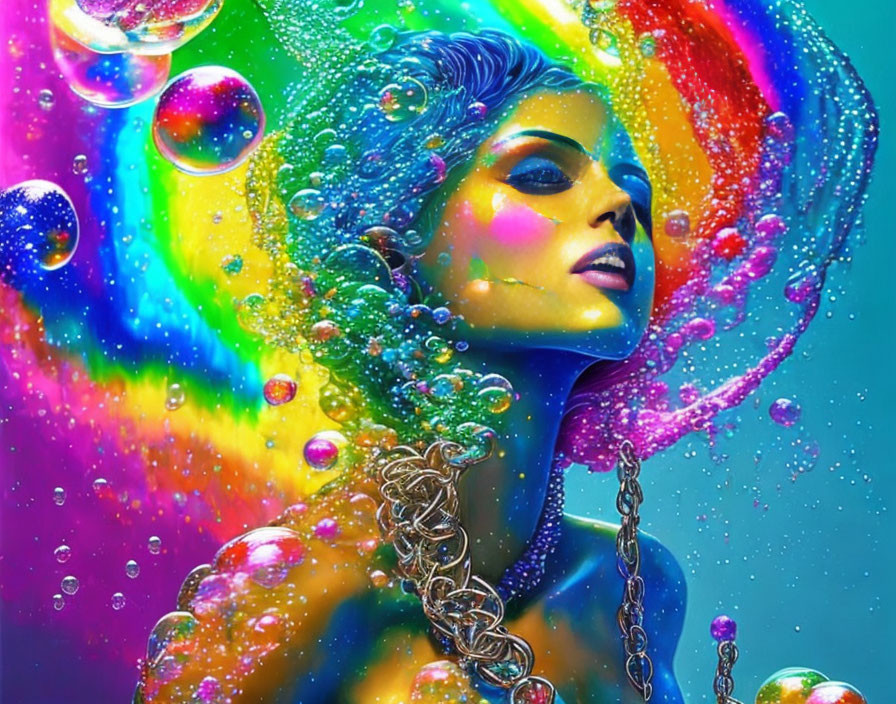 Colorful portrait of woman with neon green, blue, and yellow aura and chains