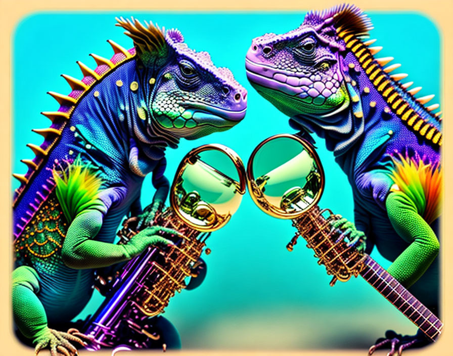 Vibrantly colored anthropomorphic iguanas playing saxophone and guitar on teal background