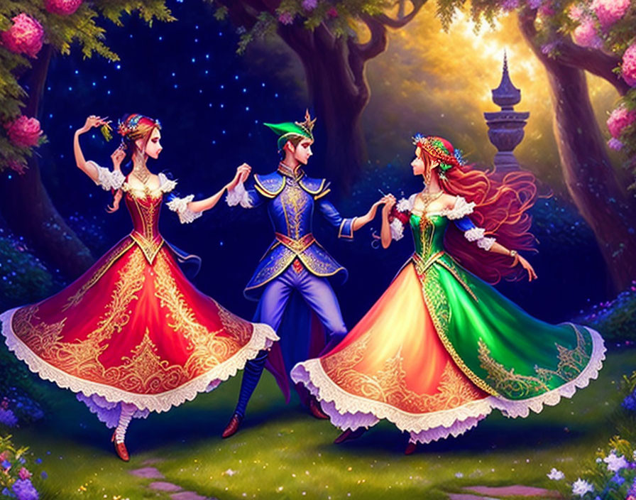 Animated princesses in elaborate gowns dance with prince in magical forest.