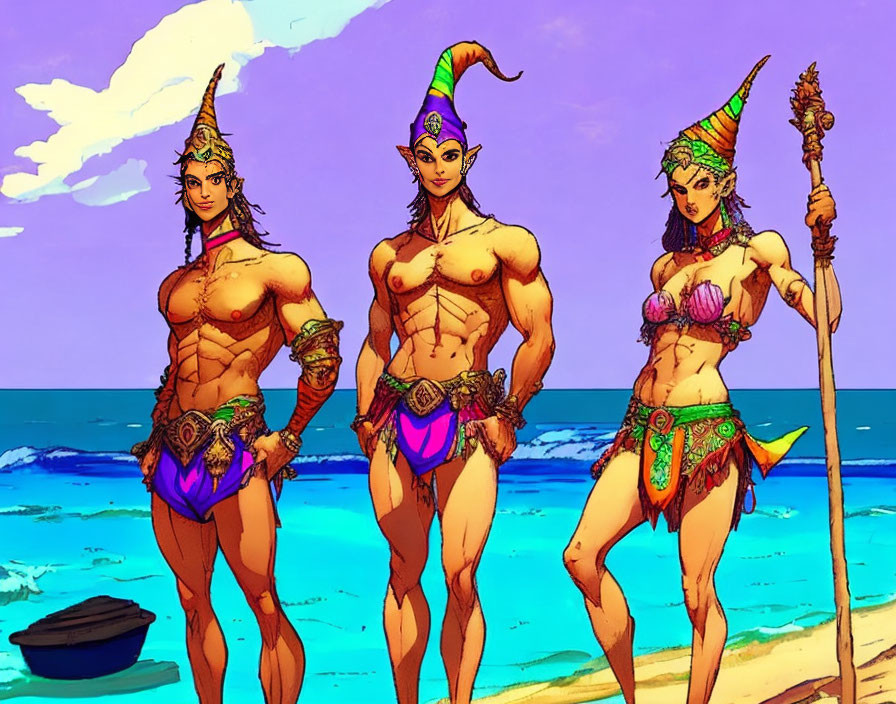 Fantasy characters with pointed hats and weapons on beach with boat.