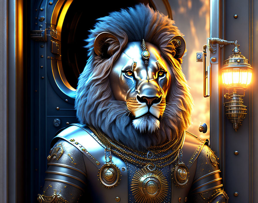 Armored lion with mechanical mane next to vault door under lantern.