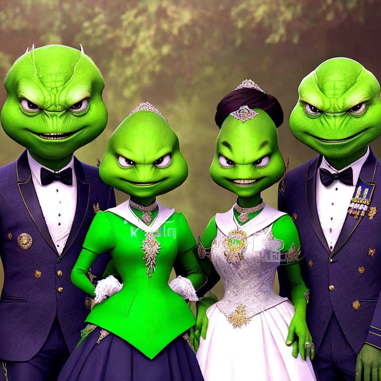 Four green reptilian creatures in formal attire: two in suits and two in dresses, posing for a