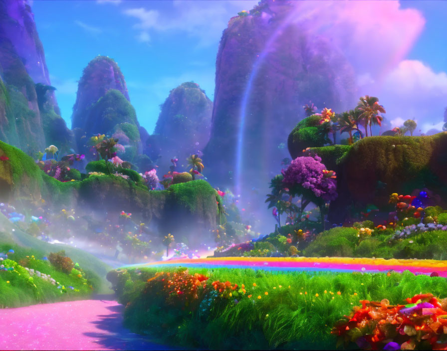 Colorful Animated Landscape with Rainbow Bridge & Waterfalls