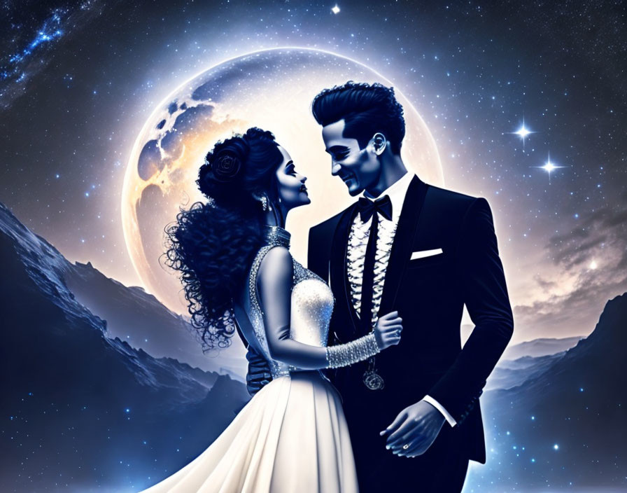 Illustrated couple in formal attire embracing under starry night sky with giant moon and mountain silhouettes