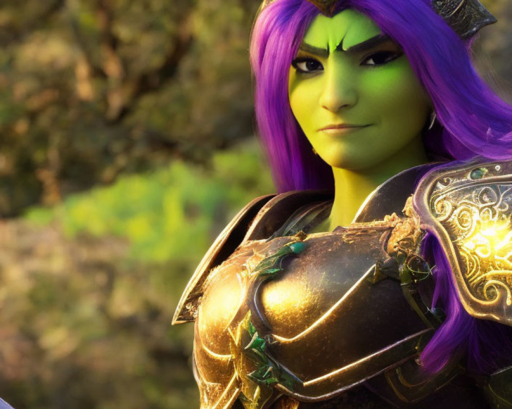 Fantasy character with purple hair, green skin, golden armor, and crown in nature.