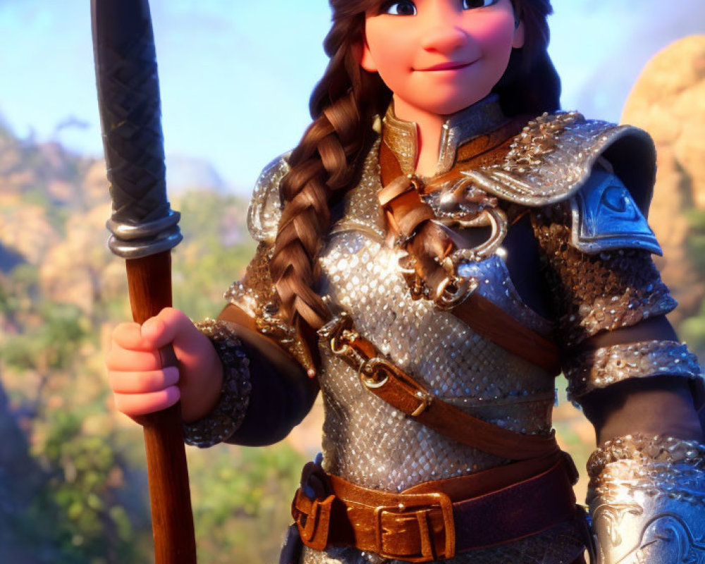 Brown-haired character in braid with detailed armor holding spear in 3D animation