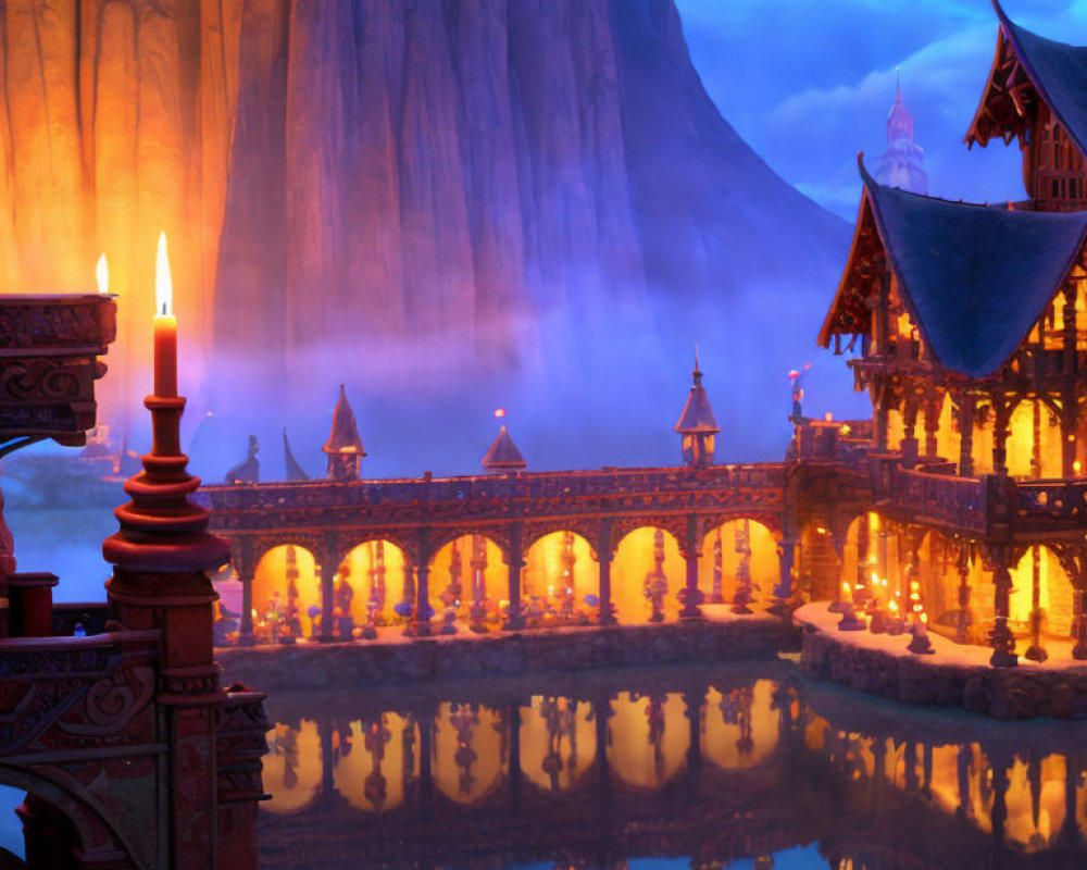 Traditional wooden structure and bridge over tranquil pool at night with misty mountain backdrop