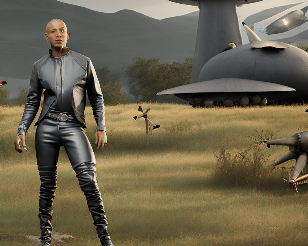 Futuristic suit person in field with spaceships and drones