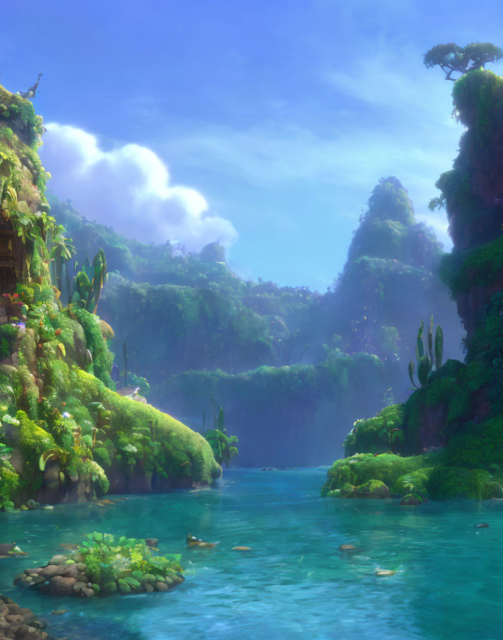 Tranquil animated river landscape with lush greenery and waterfalls