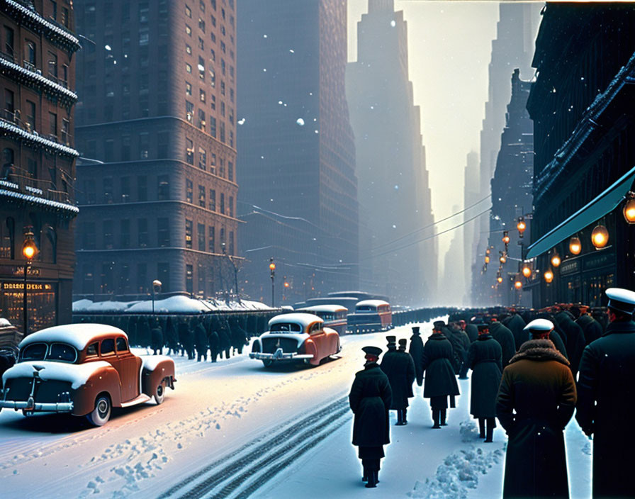 Snowy Vintage City Scene: Classic Cars, Pedestrians, and Tall Buildings at Dusk