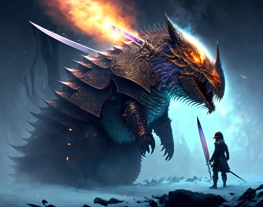 Armored warrior confronts colossal dragon in snowy landscape