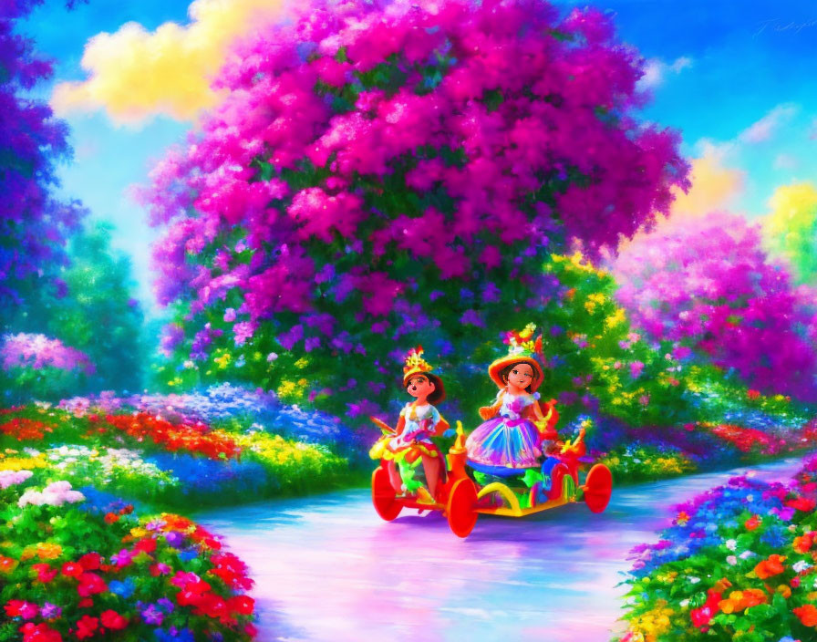 Colorful painting of two princesses riding a whimsical car through an enchanted pathway