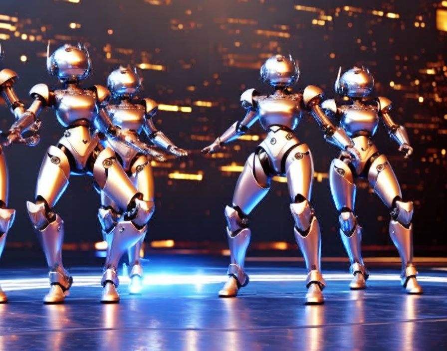 Synchronized humanoid robot dance on stage with cityscape backdrop