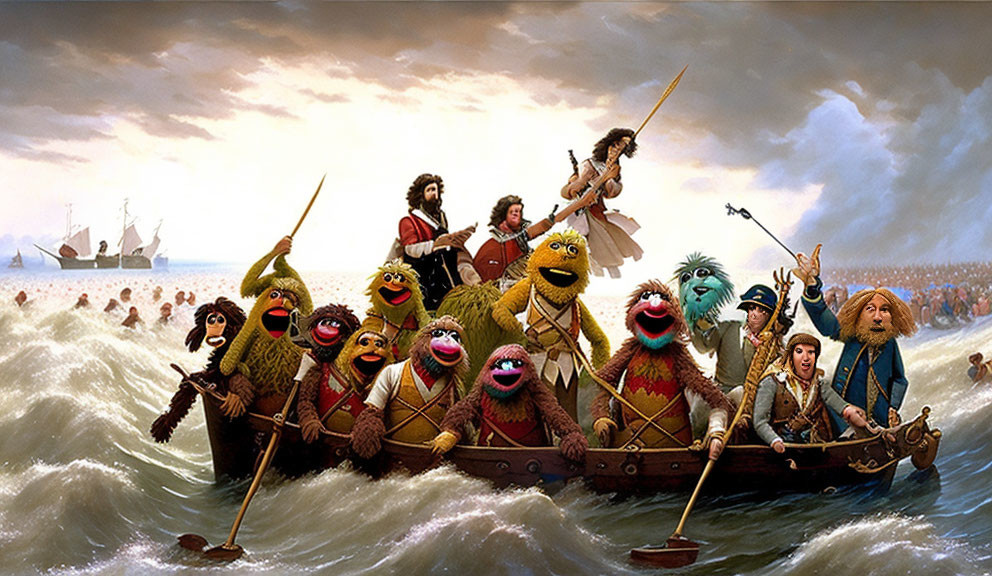 Whimsical Muppet characters on Viking ship in stormy sea