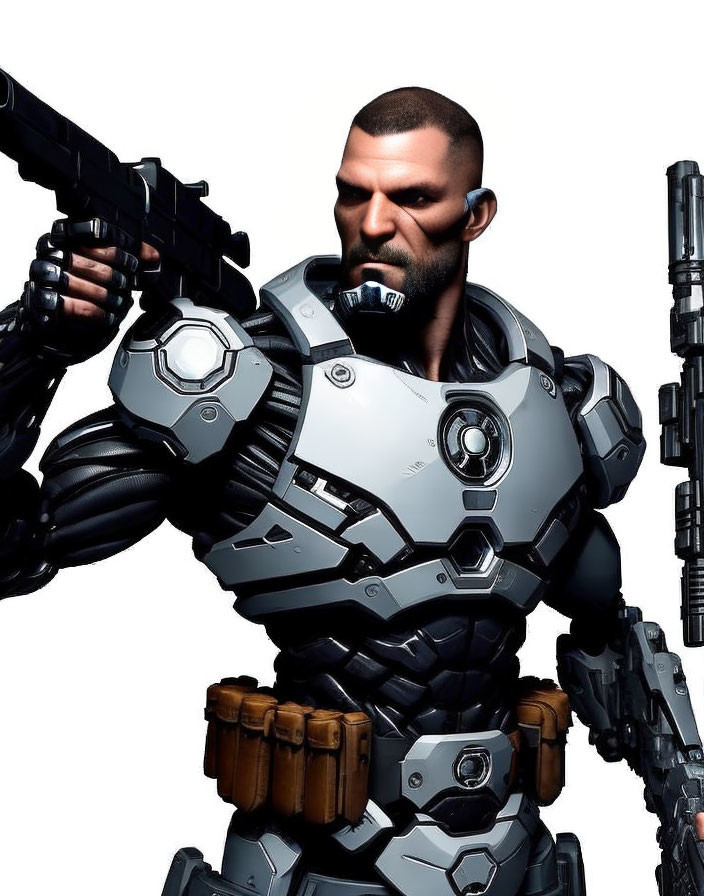 Bearded man in futuristic armor with mechanical gauntlets