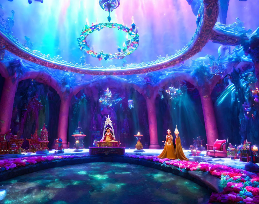 Vibrant animated throne room with magical ambiance and character in yellow gown