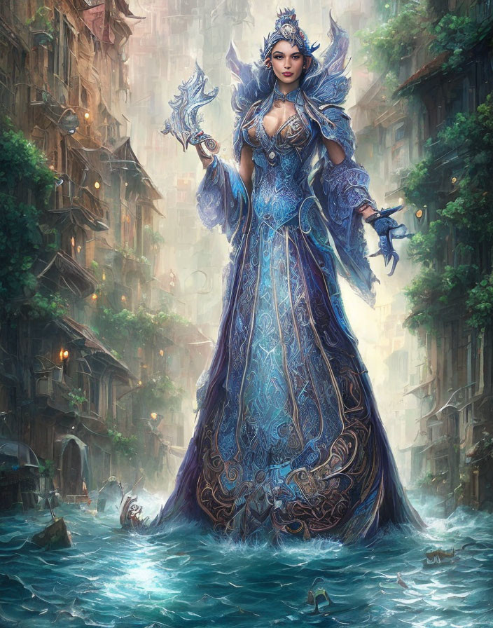 Detailed Blue Fantasy Gown Worn by Woman in Water