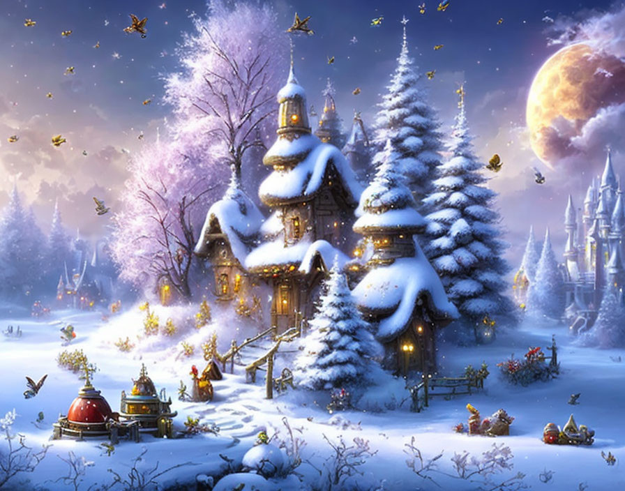 Snowy cottage, pine trees, moon, fairies in magical winter scene