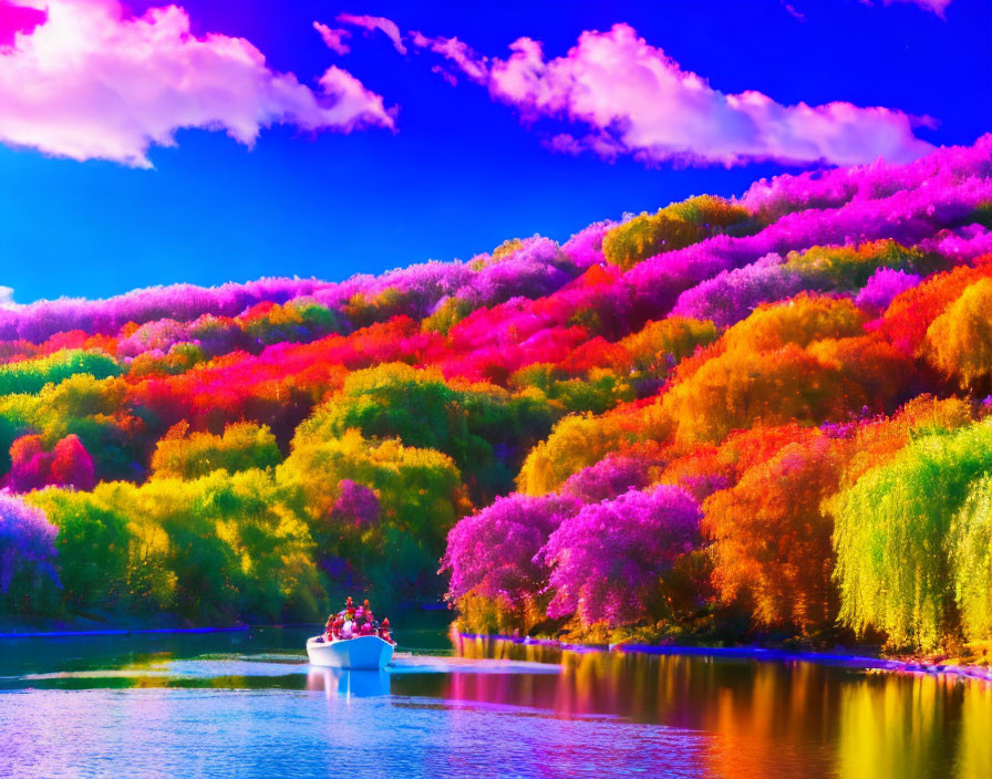 Colorful Landscape with Boat on River Amidst Vibrant Trees