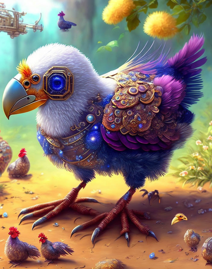 Colorful Mechanical Bird Surrounded by Chickens in Magical Forest