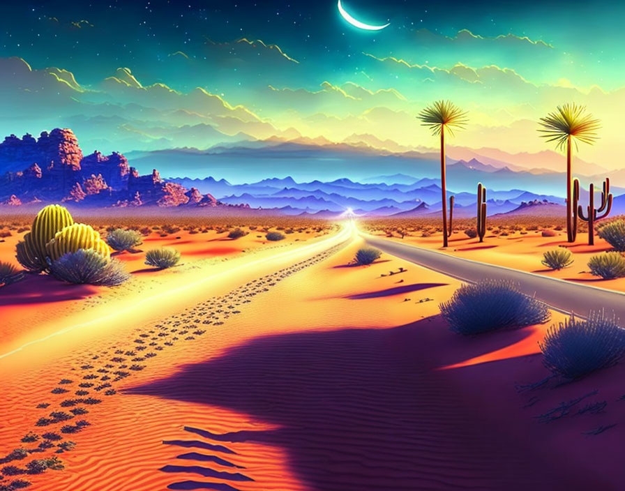 Twilight desert landscape with cacti, mountains, and winding road