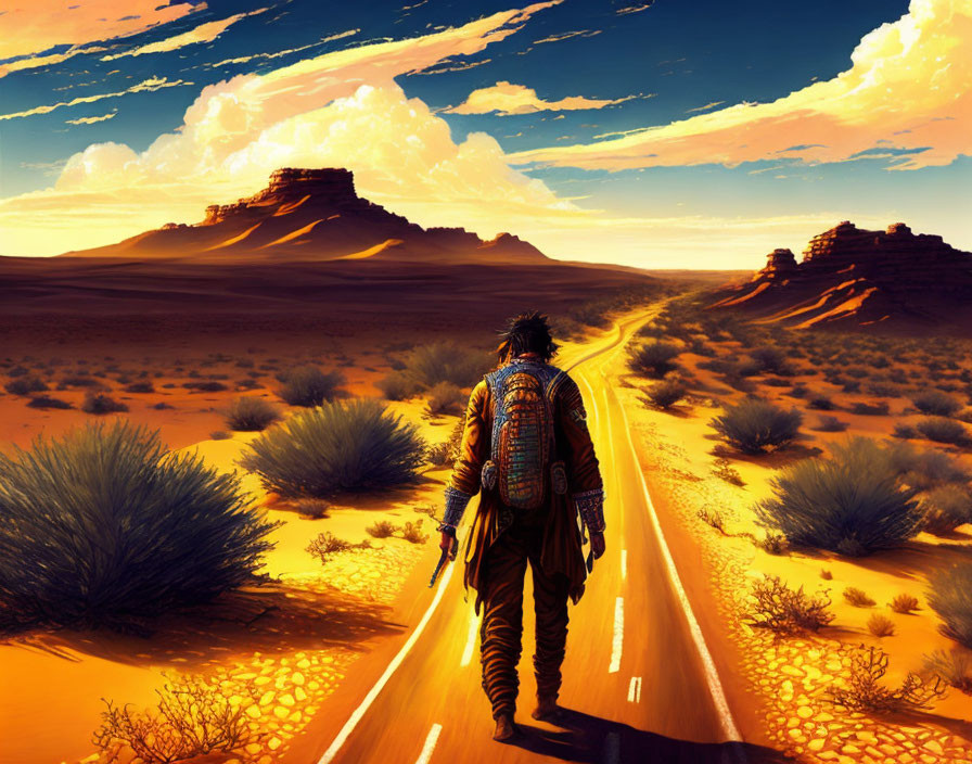 Traveler with backpack in vibrant desert landscape with mesas