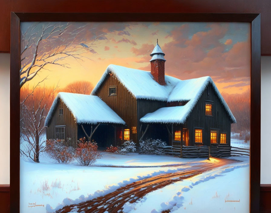 Snow-covered cottage painting at twilight with glowing windows, trees, and winter sky