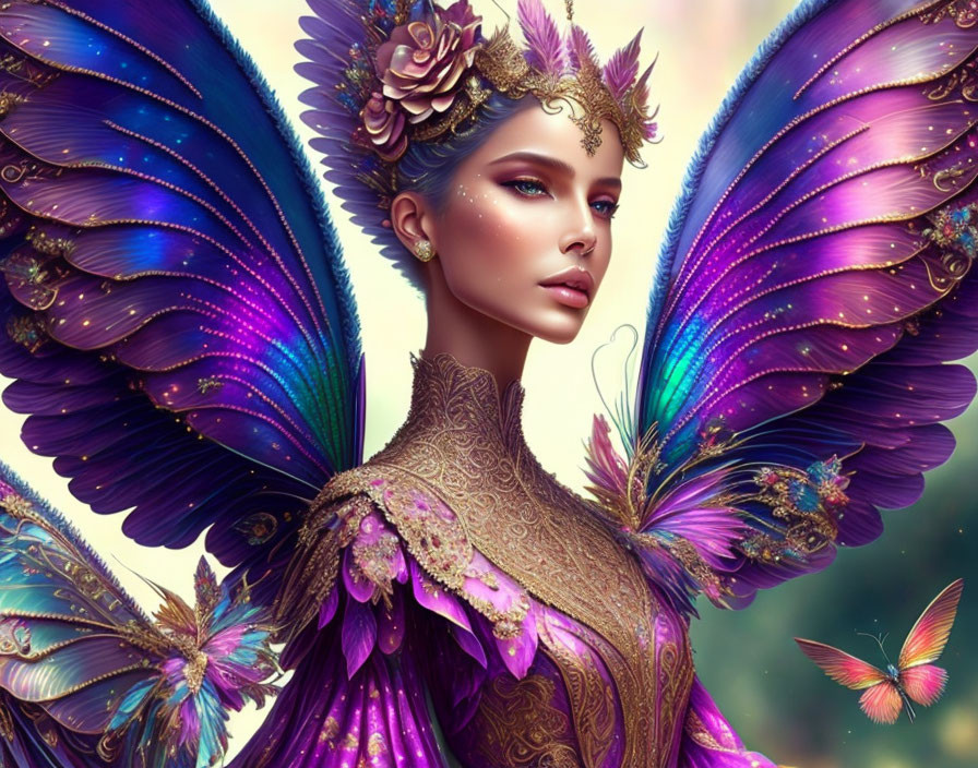 Regal woman with butterfly wings and golden gown