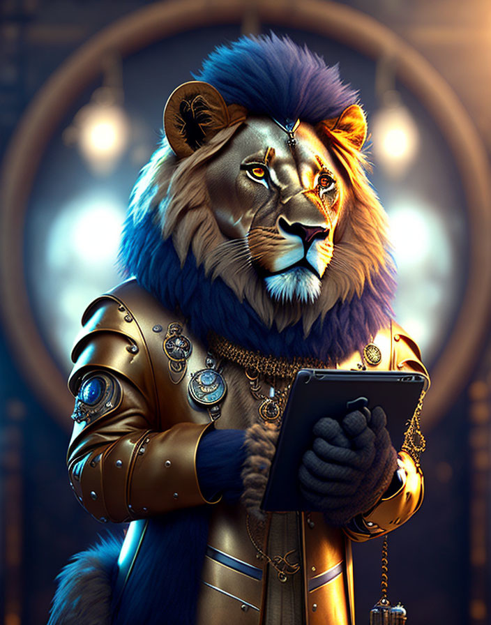 Regal lion in uniform with tablet and pen, illuminated background