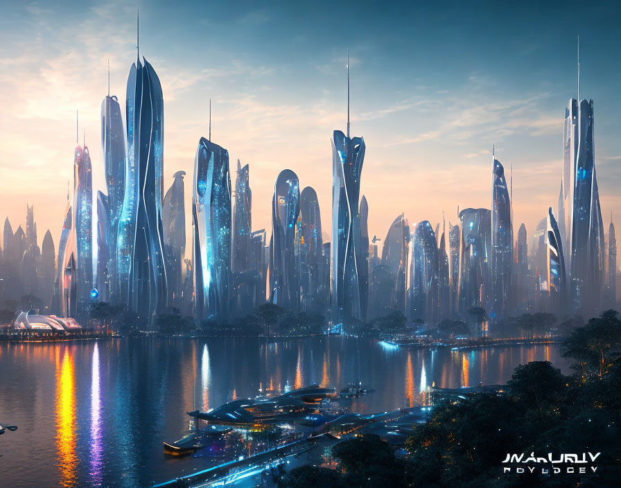 Futuristic twilight cityscape with towering skyscrapers & glowing lights