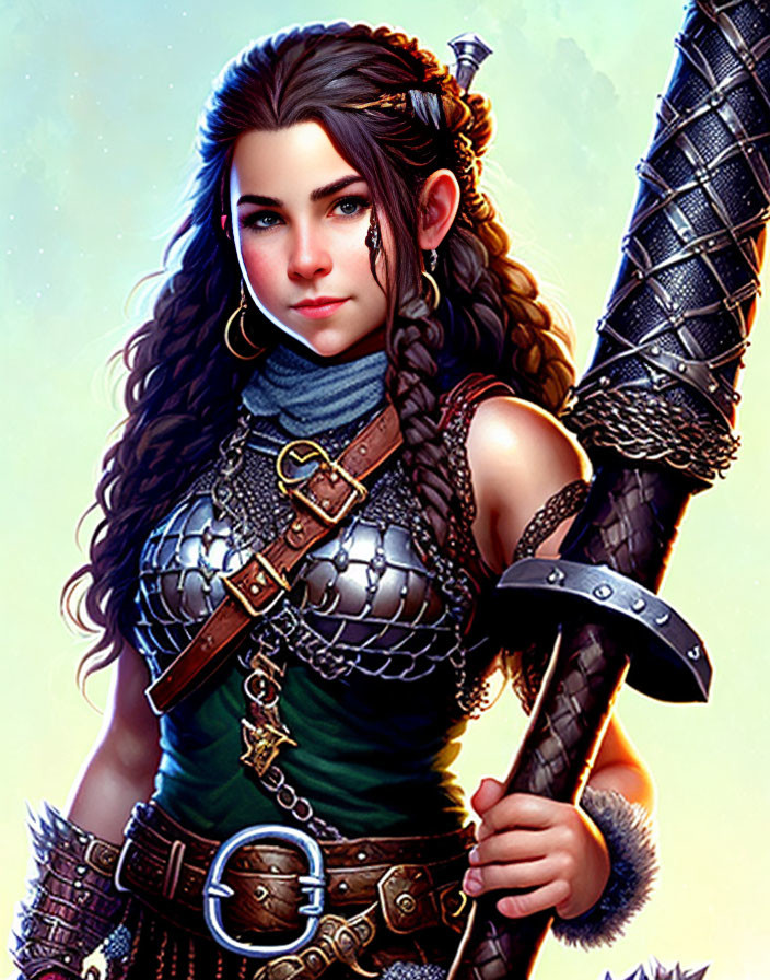 Female fantasy warrior with long dark hair in chainmail armor and holding an axe against a soft-lit