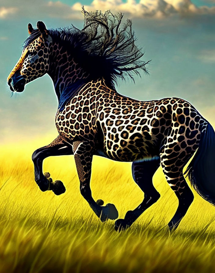 Digital artwork: Fantastical horse-leopard creature galloping on grassy plain