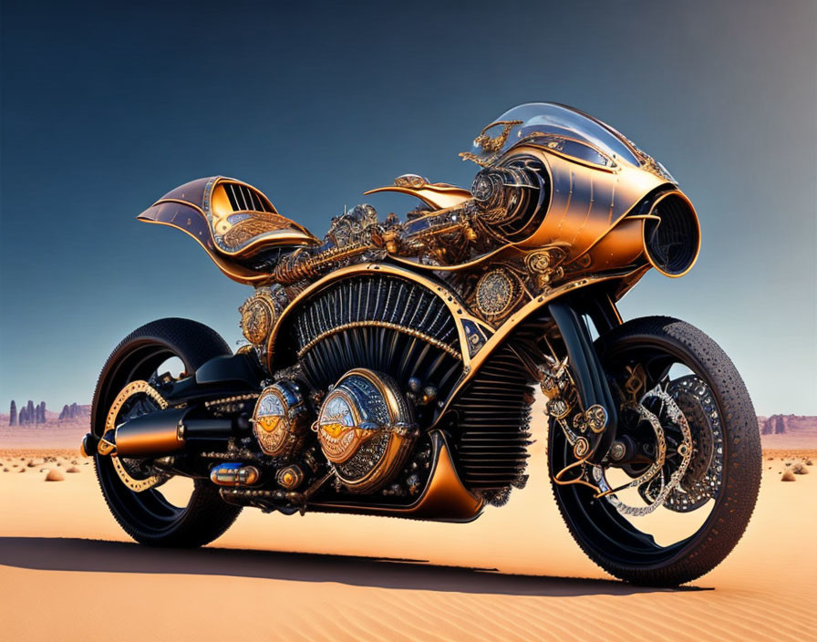 Steampunk-inspired motorcycle with ornate metalwork and gears in desert setting