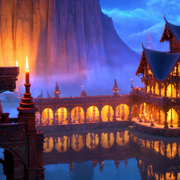 Traditional wooden structure and bridge over tranquil pool at night with misty mountain backdrop