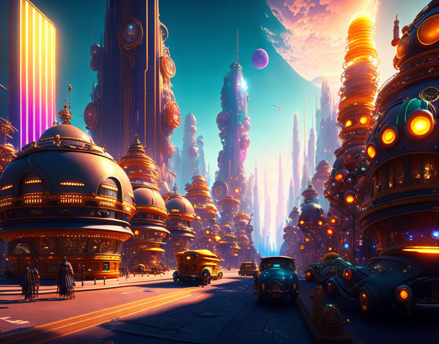 Futuristic cityscape with towering structures and multiple moons.