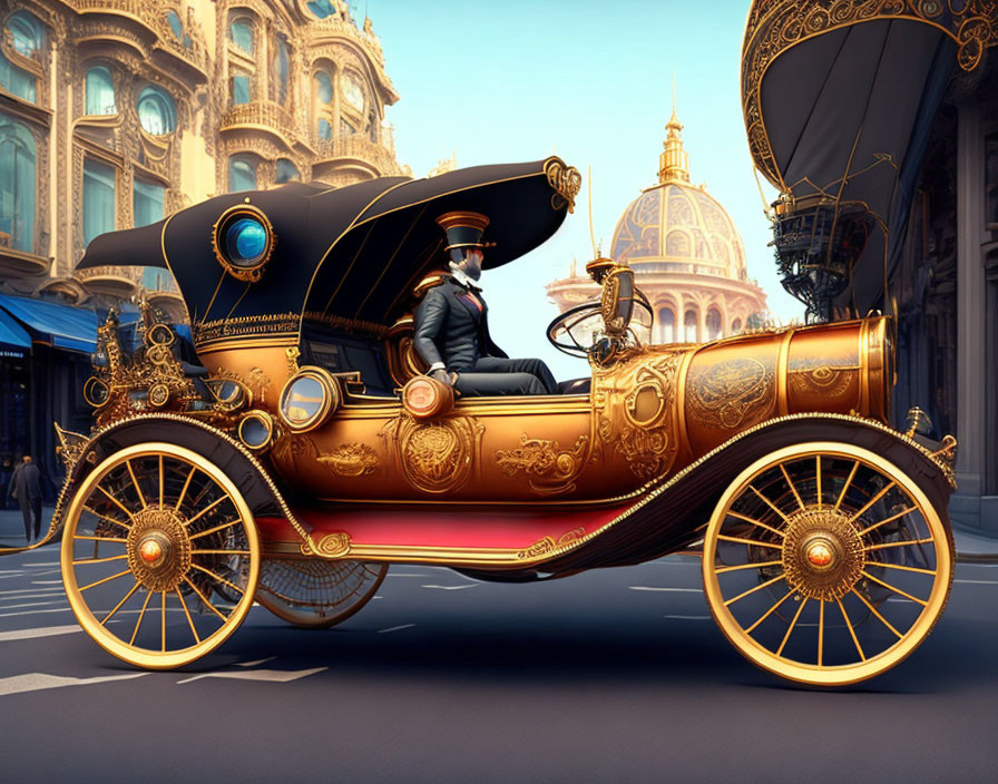 Vintage Attire Person Driving Steampunk Car in Classic Architecture Setting