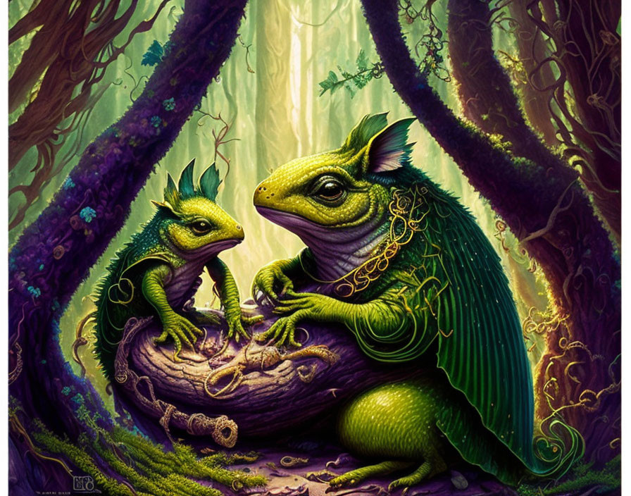 Fantastical green lizard-like creatures with gold adornments in enchanted forest