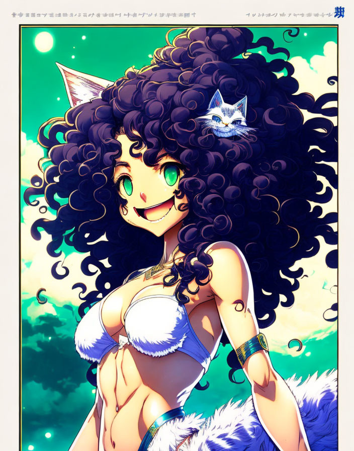 Vibrant green-eyed animated character with curly black hair and a white cat in bikini top