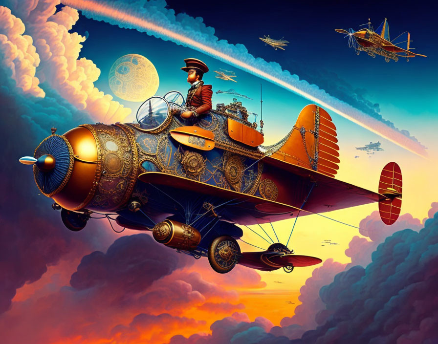 Steampunk-themed artwork of man flying ornate airplane in vibrant sky