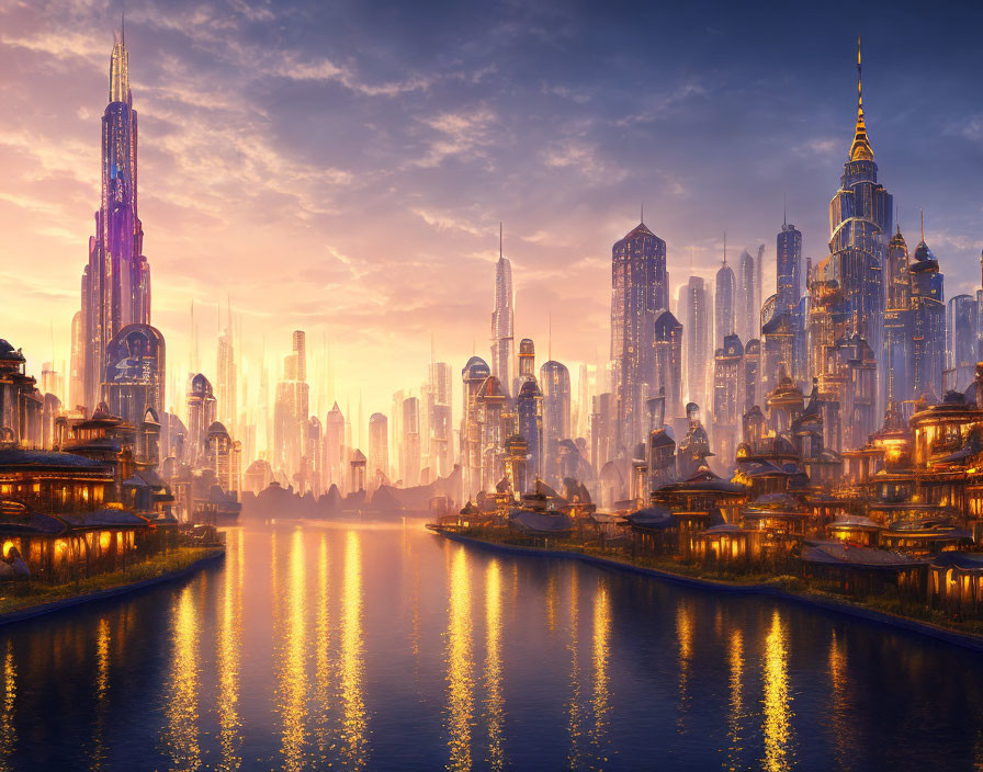 Futuristic city skyline at sunset with towering skyscrapers and advanced architecture