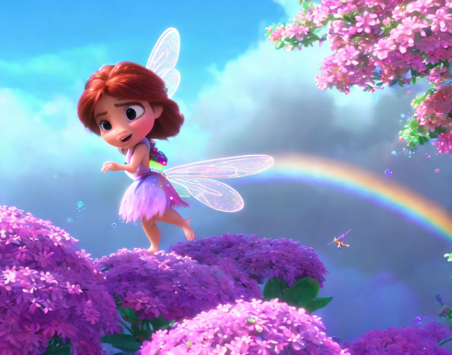 Animated fairy with translucent wings on purple flowers under sunny sky.