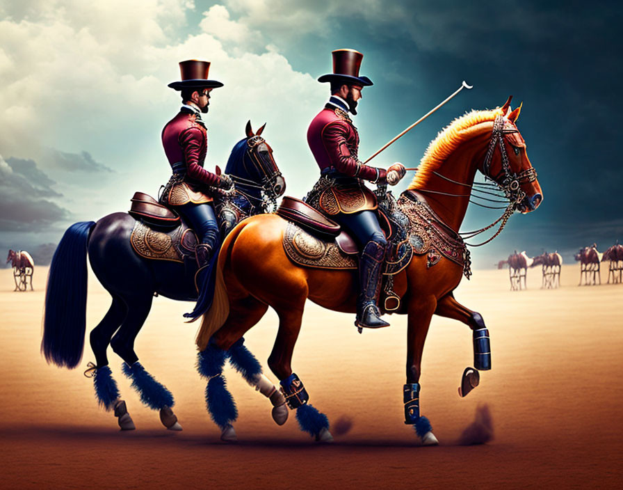 Elegantly Dressed Horseback Riders in Traditional Attire Against Dramatic Sky