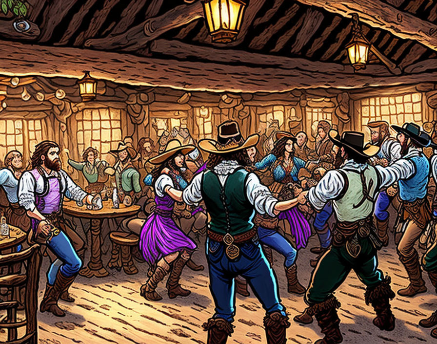 Vibrant Renaissance tavern scene with dancing and socializing under warm lights