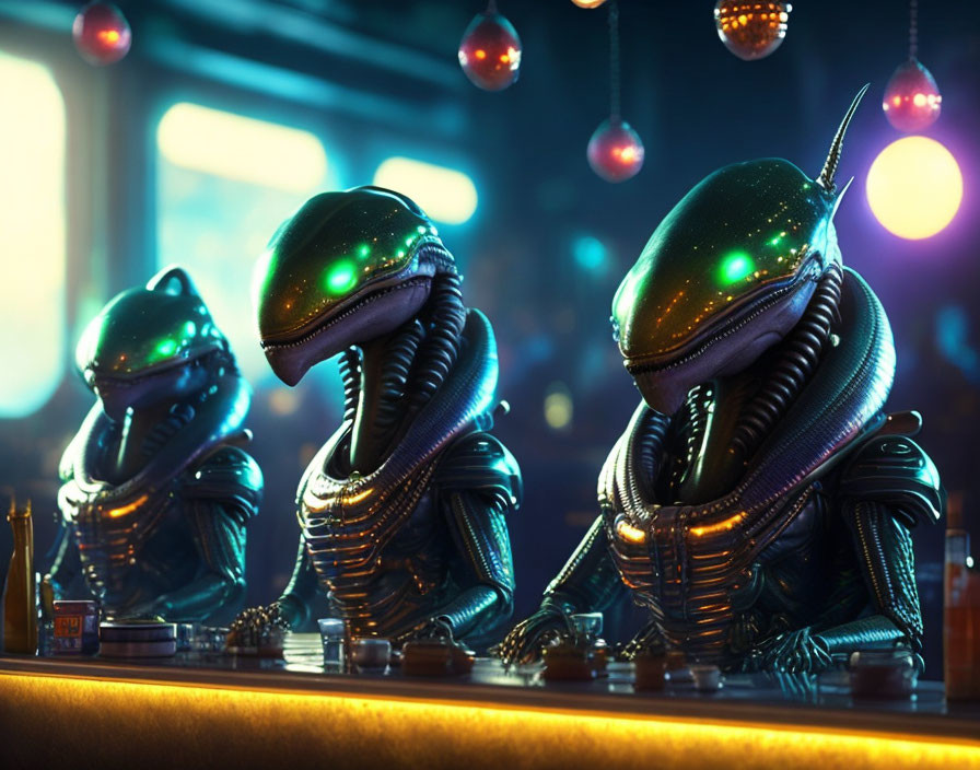 Stylized alien creatures at bar with colorful lighting and drinks