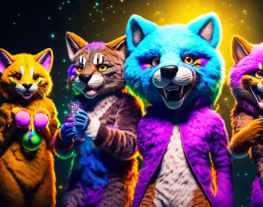 Colorful anthropomorphic animal characters under starry backdrop, posing with sparkling object