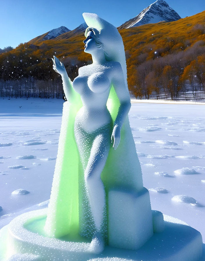 Female figure ice sculpture in snowy mountain landscape.