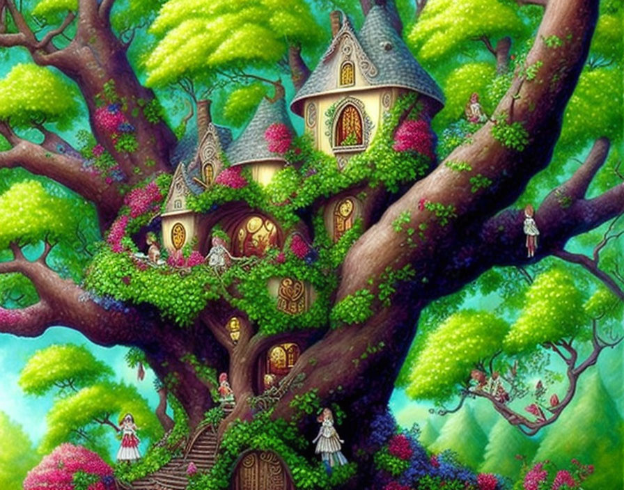 Illustration of giant tree with whimsical houses and fairy tale characters