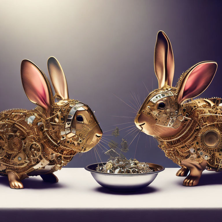 Steampunk-style mechanical rabbits sharing metal parts in image.